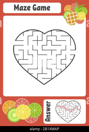 Labirinto nella forma di un cuore. Fogli di lavoro per bambini. Pagina attività. Puzzle di gioco per bambini. Appetitosi frutti tropicali. Labirinto enigma. Illust. Vettore Illustrazione Vettoriale