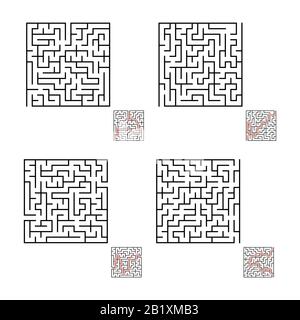 Una serie di labirinti quadrati. Gioco per bambini. Puzzle per bambini. Labirinto enigma. Immagine vettoriale piatta isolata su sfondo bianco. Con risposta. Illustrazione Vettoriale