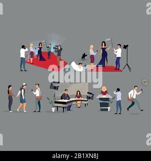 Set di illustrazioni piatte per intervistare i giornalisti. Corrispondenti, fotografi personaggi cartoon. Reporter, intervistatori con registrazione del microfono Illustrazione Vettoriale