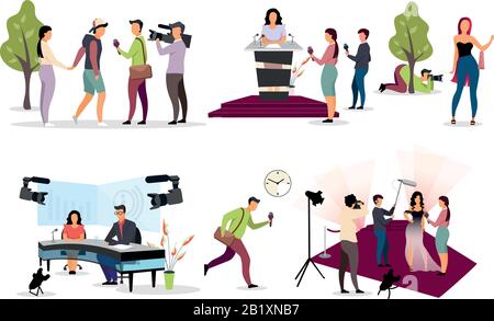 Set di illustrazioni vettoriali piatte per l'intervistazione di giornalisti. Paparazzi, cameraman, personaggi dei cartoni animati del fotografo. Reporter, intervistatori con microfono Illustrazione Vettoriale