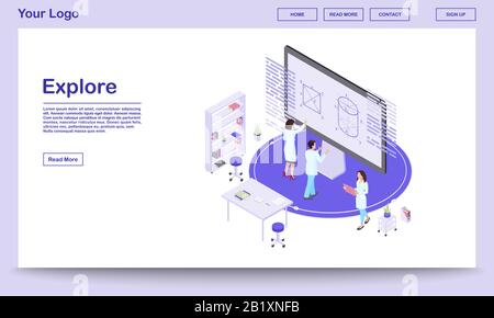 Esplorazione scientifica isometrica landing page modello. Matematici cartoon che analizzano i dati su schermo interattivo con opzioni di realtà aumentata Illustrazione Vettoriale