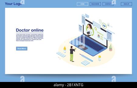 Modello di landing page isometrico del servizio medico online. 3d medico di consulenza paziente, prescrizione di medicina. Sito Web promo del sistema eHealth con testo Illustrazione Vettoriale