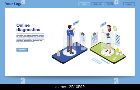 Modello di sito isometrico del servizio di diagnostica online. Traumatologist che prescrive il farmaco, antidolorifici per il paziente con braccio rotto. medico 3d Illustrazione Vettoriale