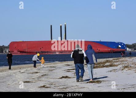 Jekyll Island, Stati Uniti. 27th Feb, 2020. 27 febbraio 2020 - Isola di Jekyll, Georgia, Stati Uniti - La Gente cammina la spiaggia vicino alla nave da carico di Golden Ray il 27 febbraio 2020 a Isola di Jekyll, Georgia. In circa un mese, un'azienda di recupero inizierà a tagliare la nave in otto segmenti che possono essere sollevati dall'acqua e rimossi da una chiatta. Il veicolo, carico di 4200 nuove auto, è stato messo in ordine di grandezza a St. Simons Island Sound l'8 settembre 2019, mentre stava lasciando il porto di Brunswick. Credit: Paul Hennessy/Alamy Live News Foto Stock