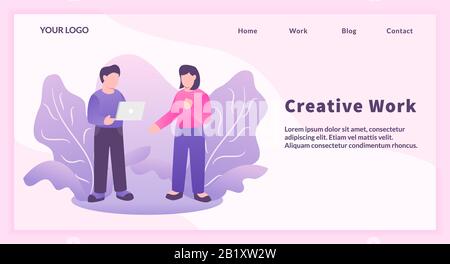 concetto di lavoro creativo con uomo e donna lavoro utilizzare il laptop per il modello di sito web o vettore landing homepage Foto Stock