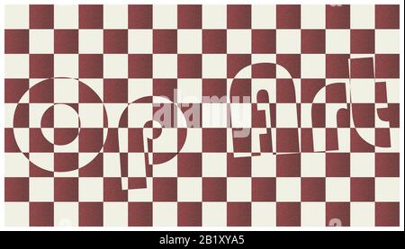 Opere d'arte contemporanea geometriche e minimaliste. Op Art insciption sul motivo a scacchi background/texture, Op art style (stile ottico d'arte). Marrone piatto Foto Stock