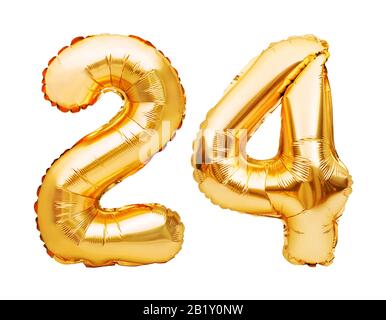 Numero 24 ventiquattro palloncini gonfiabili dorati isolati su bianco. Palloncini di elio, numeri di foglio d'oro. Decorazione di festa, segno di anniversario per Foto Stock
