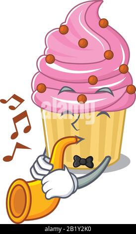 mascot design concetto di torta alla fragola che gioca una tromba Illustrazione Vettoriale