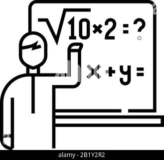 Soluzione matematica esempio di icona di linea, simbolo di concetto, illustrazione del vettore di contorno, simbolo lineare. Illustrazione Vettoriale