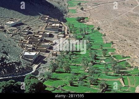 Guardando giù dal grande magazzino di grano antico (Agadir) sopra l'oasi del deserto Berber villaggio di Amtoudi nel deserto del Marocco meridionale. Foto Stock