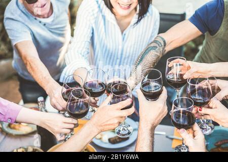 Diverse età di persone che rallegrano con il vino rosso a cena barbecue all'aperto - buona famiglia divertirsi a cena domenica bere e mangiare insieme - cibo Foto Stock