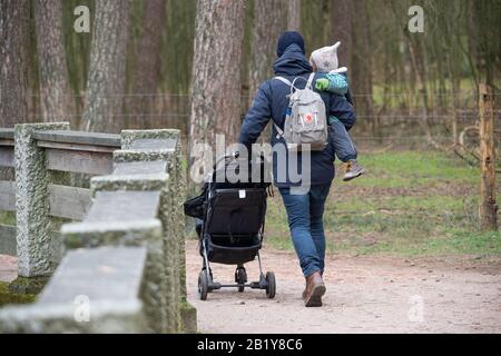 Amburgo, Germania. 27th Feb, 2020. Un padre cammina con il suo bambino tra le braccia e un montone attraverso la riserva di gioco di Klövensteen. Credito: Jonas Walzberg/Dpa/Alamy Live News Foto Stock