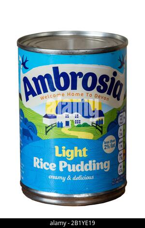 Scatola di budino di riso chiaro Ambrosia, sfinestratura su fondo bianco, UK stagnato o in scatola dessert Foto Stock
