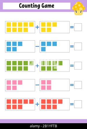 Conteggio del gioco per i preschoolers. Gioco matematico educativo su addizione e sottrazione. Foglio di lavoro attivo per bambini. Illustrazione del vettore luminoso. Illustrazione Vettoriale