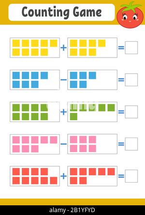 Conteggio gioco per i bambini. Addizione e sottrazione. Foglio di lavoro attività. Una semplice illustrazione vettoriale piatta con un personaggio carino. Con un posto da wri Illustrazione Vettoriale