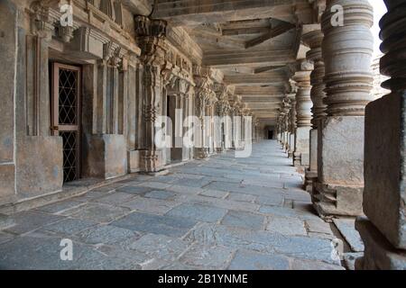 Colonne scolpite del tempio Chennakesava, Somanathapura, Karnataka, India Foto Stock