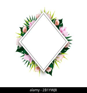 Bouquet con fiori di ibisco con petali rosa, foglie tropicali ed elementi floreali su sfondo bianco. Foto Stock