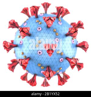 Covid-19, Coronavirus, gruppo di virus che causano malattie in mammiferi e uccelli. Nell'uomo, il virus causa infezioni respiratorie. Figura 3D. Foto Stock