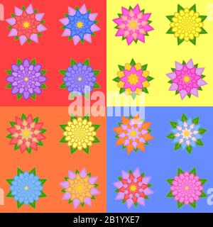 set di sedici colori diversi di fiori isolati su uno sfondo colorato Illustrazione Vettoriale