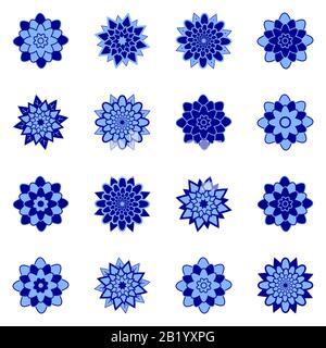 Una serie di splendidi fiori blu e blu scuro. Isolato su sfondo bianco. Adatto per il design. Illustrazione Vettoriale