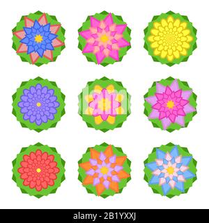 Una serie di bei colori di diverse sfumature sulle foglie verdi. Isolato su sfondo bianco. Nove opzioni. Adatto per il design. Illustrazione Vettoriale