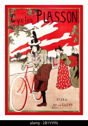Vintage 1890's Bicycle Poster 'Cycles PLASSON' rue des CLOYS PARIGI FRANCIA dell'artista Manuel Robbe CYCLES PLASSON VECCHIO POSTER FRANCESE DELLA BICICLETTA PUBBLICITÀ 1897 Foto Stock