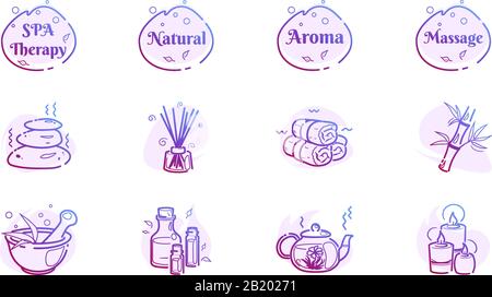 Massaggio linea icone benessere set di pietre spa, olio aromatico, tè, bambù, mortaio e pestello. Concetto di terapia relax con logo. Alternativa zen orientale. Disegno del pittogramma del logo vettoriale isolato. Illustrazione Vettoriale