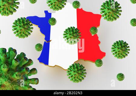 AIDS contagioso HIV, Flur o Coronavirus con la mappa della Francia. Coronavirus da chine. Rendering 3D Foto Stock