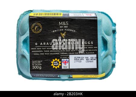 Cartone di M&S British Allevamento 6 uova Araucana Blue con guscio delicato blu pallido isolato su fondo bianco scatola uovo di uovo di uovo chiusa Foto Stock