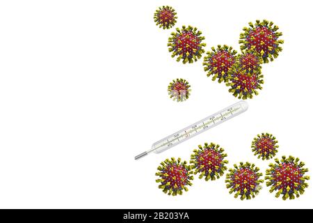 Illustrazione 3D, virus Corona, covid-19 con termometro clinico. Foto Stock