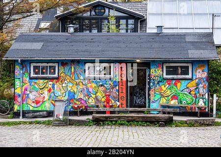 Colorato esterno toilette in Freetown Christianiaa hippie comunità e comune istituito da squatters a Copenaghen, Danimarca Foto Stock