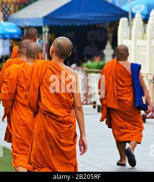 I monaci camminano su un unico file vicino a un tempio buddista Foto Stock