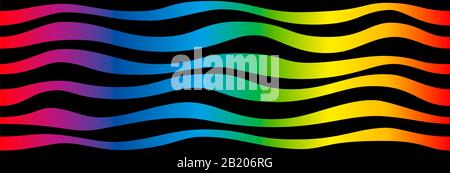 Onde colorate con gradiente arcobaleno. Spettro di colori vivaci su sfondo nero. Disegno astratto testurizzato senza cuciture. Foto Stock