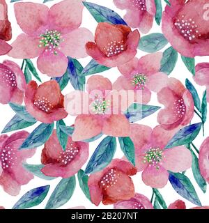 motivo floreale dipinto a mano in acquerello senza cuciture con fiori rossi di colore ellebore su sfondo bianco. per carta da parati o disegno tessile Foto Stock