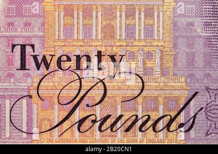 Dettaglio del nuovo polimero britannico £20 nota (febbraio 2020) che mostra la Banca d'Inghilterra Foto Stock