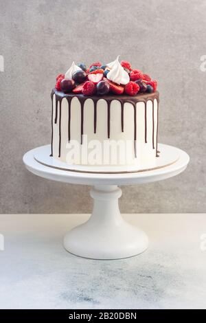 Bianco in cioccolato fondente, decorato con fragole fresche, mirtilli, ciliegie e lamponi su sfondo grigio. Foto Stock