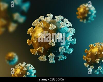 Vista microscopica del coronavirus. Cellule del virus influenzale fluttuanti. Pericoloso virus corona ncov asiatico, concetto di rischio pandemico SARS. rendering 3d Foto Stock