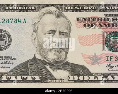 Ritratto di ex presidente degli Stati Uniti Ulysses Grant. Macro da 50 dollari di fattura Foto Stock