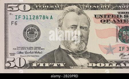 Ritratto di ex presidente degli Stati Uniti Ulysses Grant. Macro da 50 dollari di fattura Foto Stock