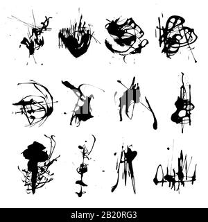 Un elegante set vettoriale di schizzi d'inchiostro Blots Blots raccolta di schizzi. Elemento di design grunge, sfondo disordinato. Vettore tracciato manualmente di alta qualità Illustrazione Vettoriale