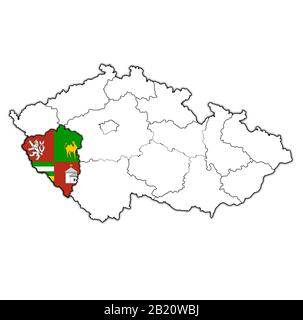 Emblema della regione di plzen sulla mappa con divisioni amministrative e confini della Repubblica Ceca Foto Stock