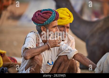 Uomini nomadi tribù con turbani tradizionali, cammello e bestiame equo, Puskar Mela, Pushkar, Rajasthan, India Foto Stock