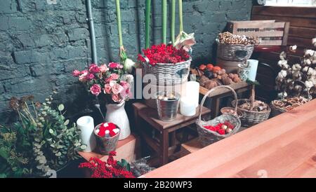 Dall'alto di vasi disposti vasi e cestini in vimini con assortimento di fiori colorati e piante in negozio moderno Foto Stock