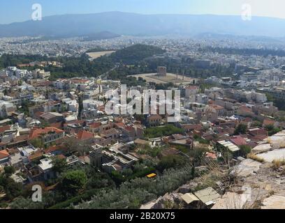 Blick von der Akropolis zum Bezirk Monastiraki, Agora, Athen Griechenland, Foto Stock