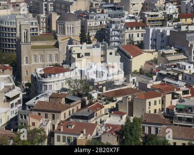 Blick von der Akropolis in die Altstadt Bezirk Plaka, Athen Griechenland, Foto Stock