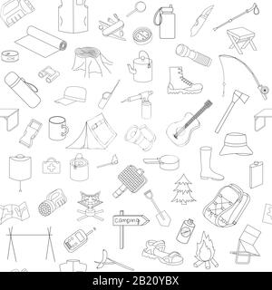modello senza cuciture su tema bianco, pic-nic, viaggi e campeggio. Illustrazione Vettoriale