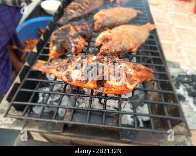 Il pesce è uno degli alimenti più sani e deliziosi che puoi preparare per te. Queste grandi foto di barbecue di pesce vi ricorderanno il gusto. Foto Stock