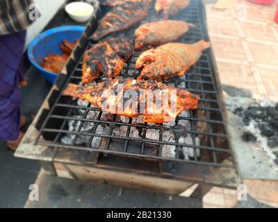 Il pesce è uno degli alimenti più sani e deliziosi che puoi preparare per te. Queste grandi foto di barbecue di pesce vi ricorderanno il gusto. Foto Stock