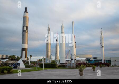 Razzi Al Kennedy Space Center, Spaceport, Cape Canaveral, Merritt Island, Florida Foto Stock