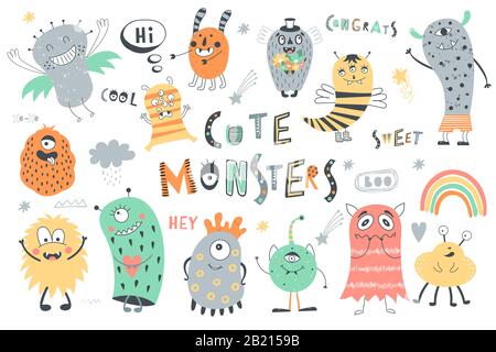 Set di simpatici mostri, frasi, oggetti. Caratteri vettoriali cartoon. Illustrazione Vettoriale